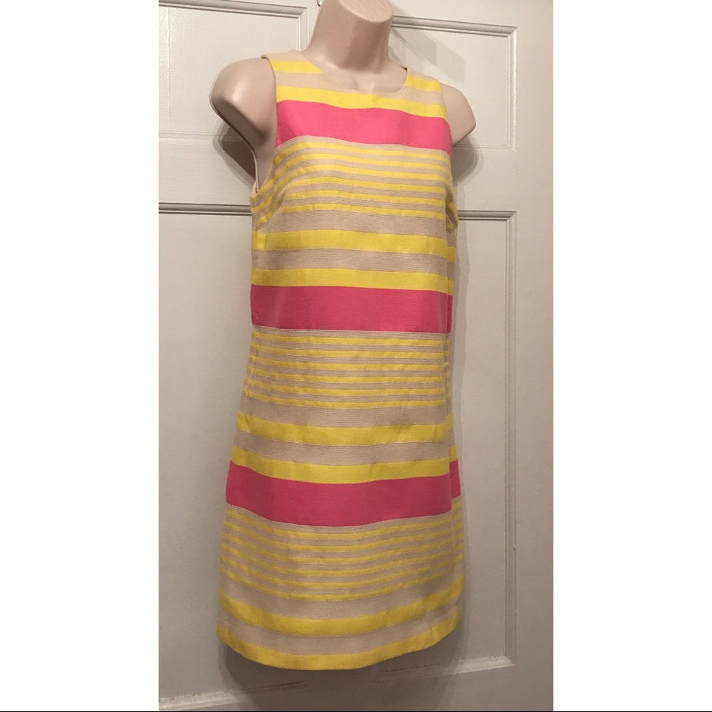 LOFT Sleeveless Stripe Shift Dress in Pink and Yellow - Picture 2 of 7
